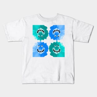 Slime Blue Jelly Monster Emoji Pixel Smiling Face Kids T-Shirt